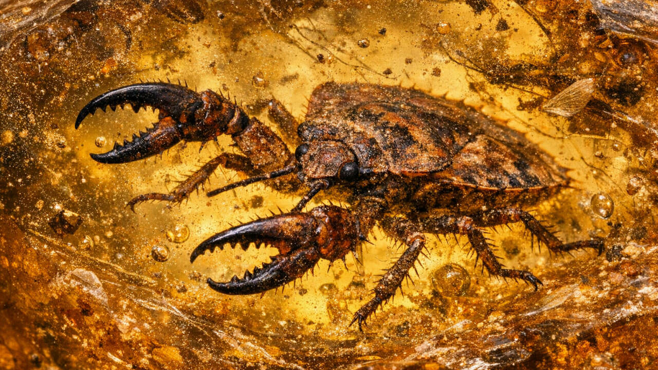 В янтаре Мьянмы нашли клопа с необычными клешня...
