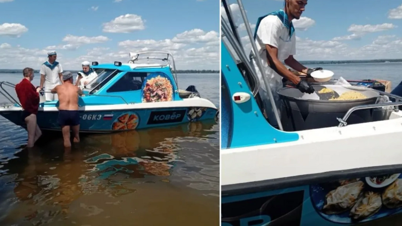 На самарских пляжах прямо с катера раздают узбекский плов Непосредственно с лодки всем желающим предлагаю...