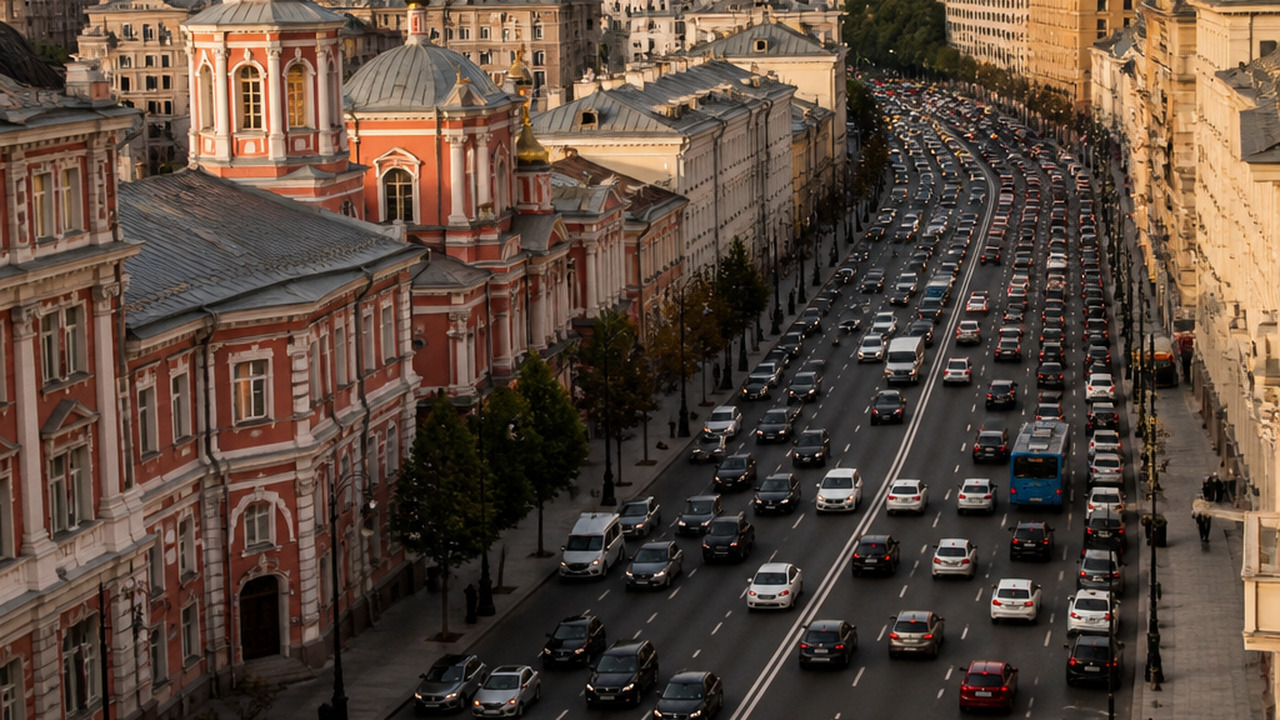 В Москве чаще покупают китайские и мировые автобренды, чем в регионах Aerial view of Moscow's city street filled with...