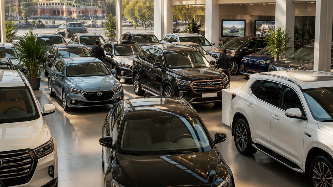A vibrant scene of a Moscow car dealership show...
