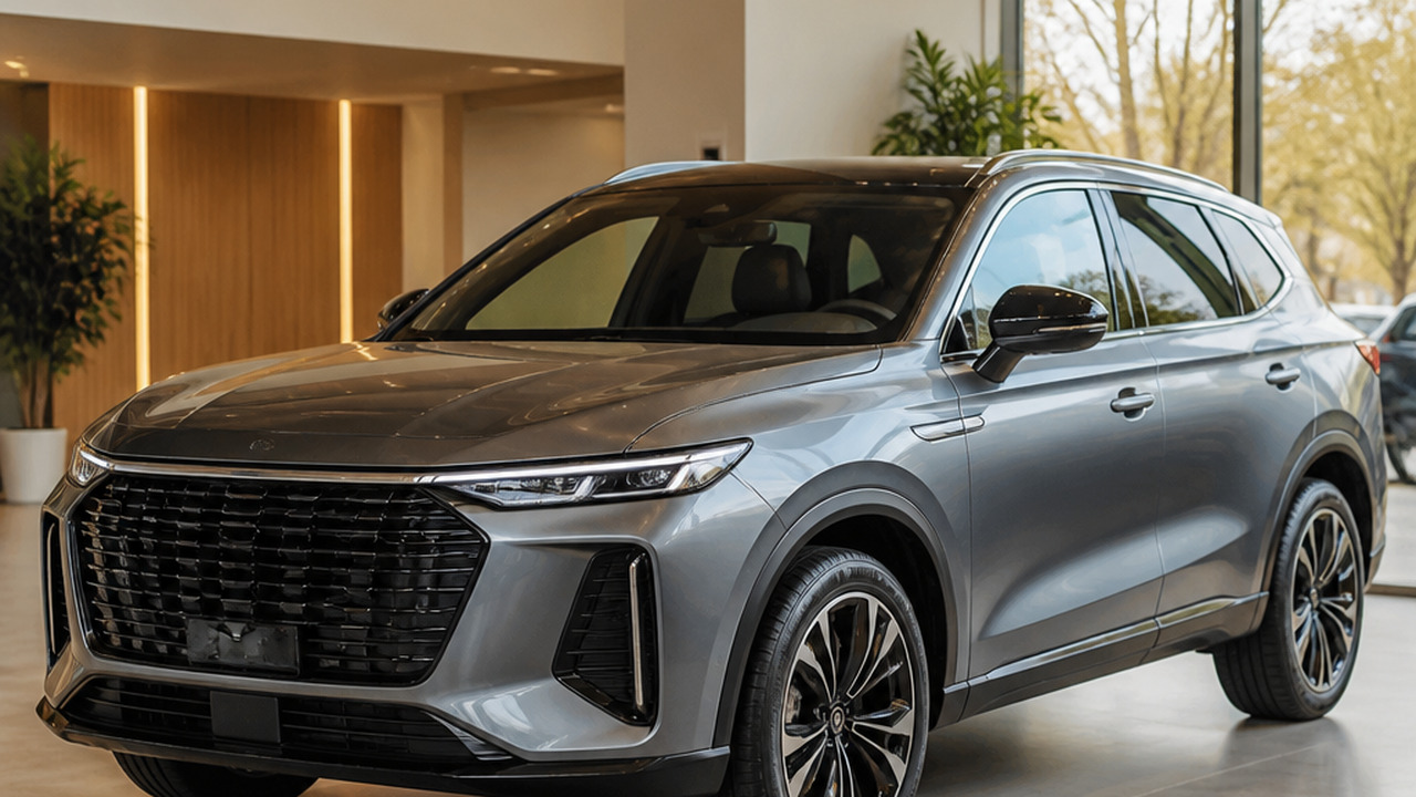 A modern Chinese SUV displayed in a showroom, h...