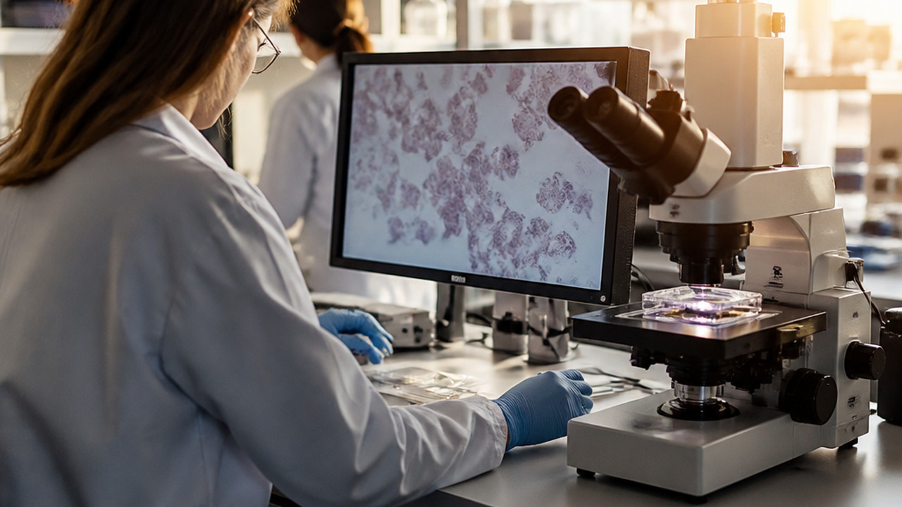 В России создана технология для доставки двух лекарств в опухоль Researchers in a lab developing a new cancer tr...