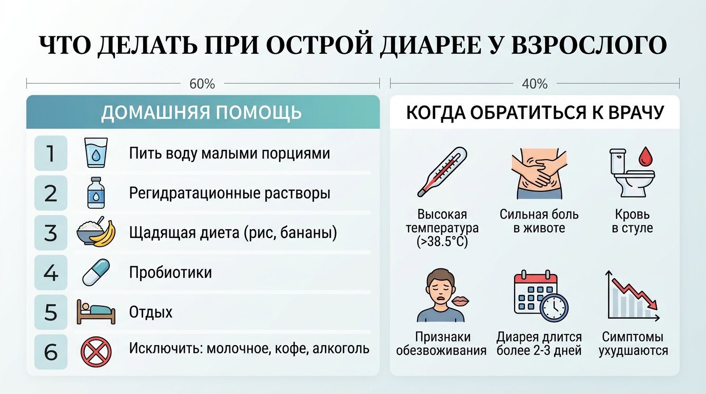 Первая помощь при острой диарее у взрослого — когда срочно обращаться к врачу