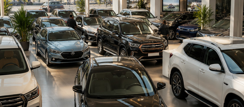 A vibrant scene of a Moscow car dealership show...