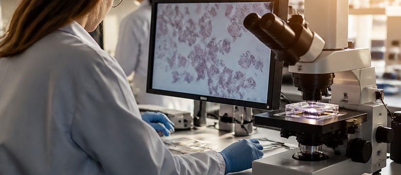 В России создана технология для доставки двух лекарств в опухоль Researchers in a lab developing a new cancer tr...